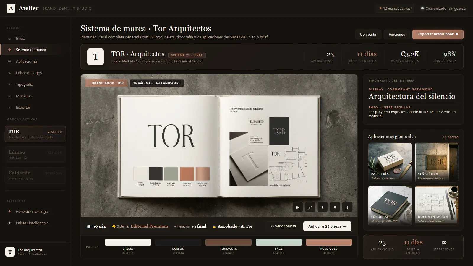 Interfaz de Atelier: sistema de identidad de marca generado (brand book y aplicaciones).