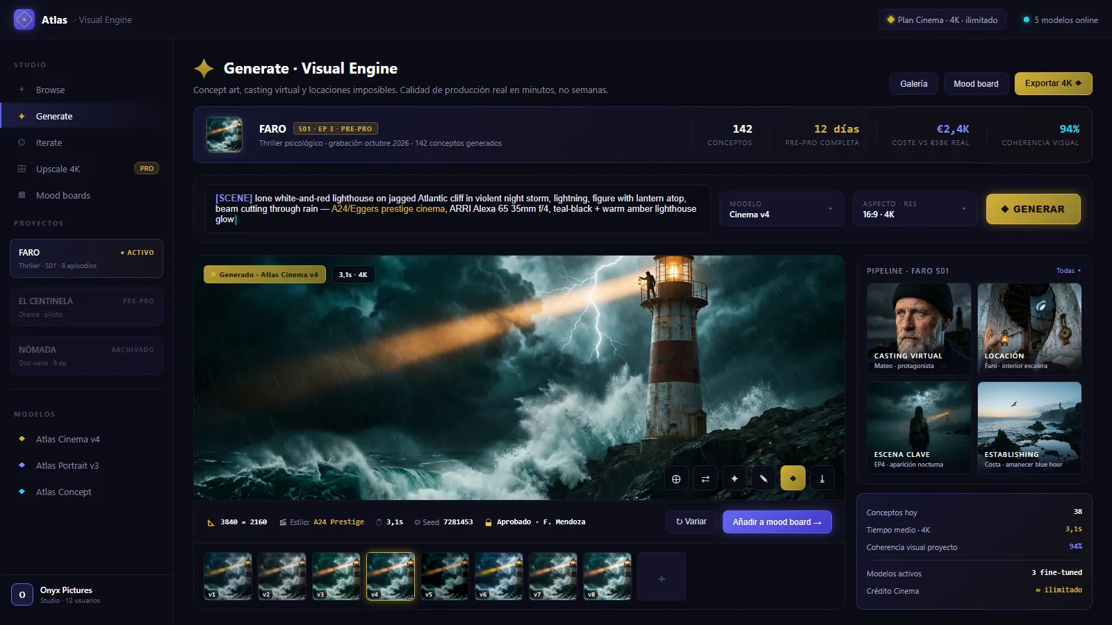 Interfaz de Atlas Visual Engine: panel de generación de clips cinematográficos con casting y localizaciones.