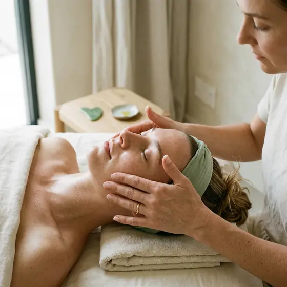 Escena de tratamiento facial en clínica wellness.