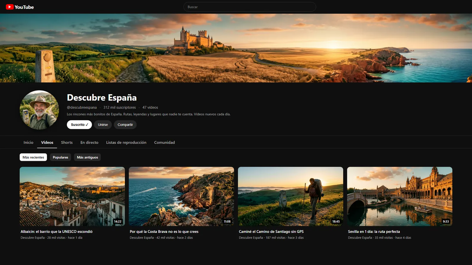 Canal de YouTube «Descubre España» producido íntegramente con IA: miniaturas, banner y catálogo de vídeos.